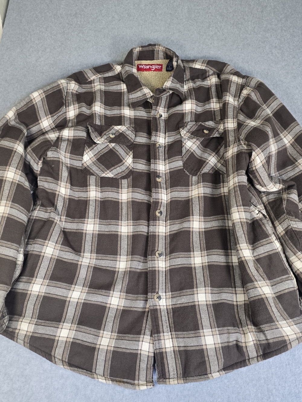 Wrangler Mens Large Sherpa Lined Flannel Shirt Jacket Brown Plaid Workwear
